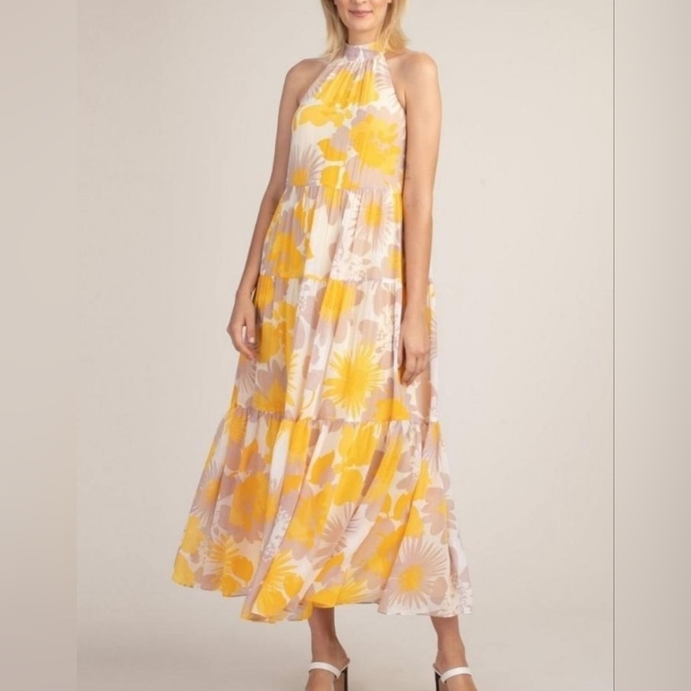 Trina Turk Tiered Full Length Sunglasses Halter Dress Size 6 Yellow Brown Maxi
